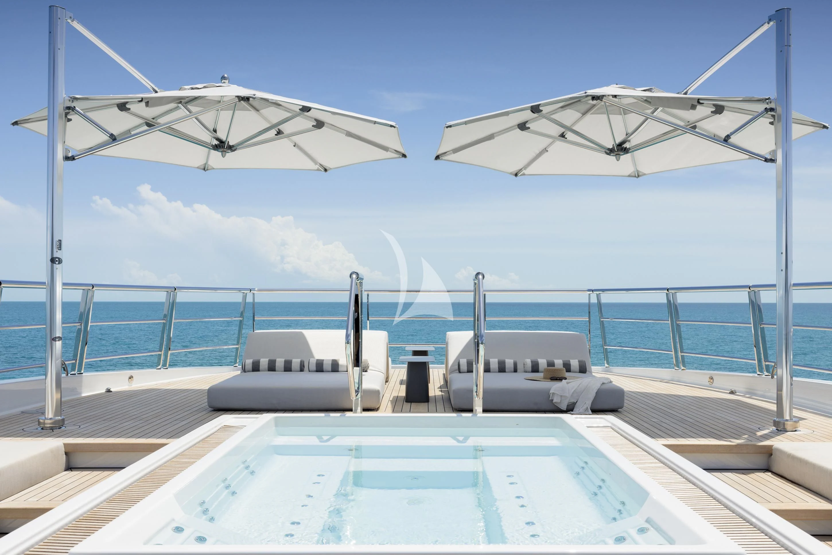 a large white satellite dish on a roof aboard ENTOURAGE Yacht for Sale