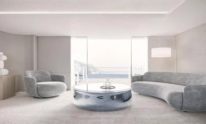 a living room with a large window aboard ENTOURAGE Yacht for Sale