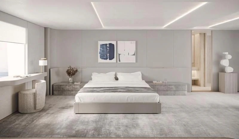 a large bedroom with a large bed aboard ENTOURAGE Yacht for Sale