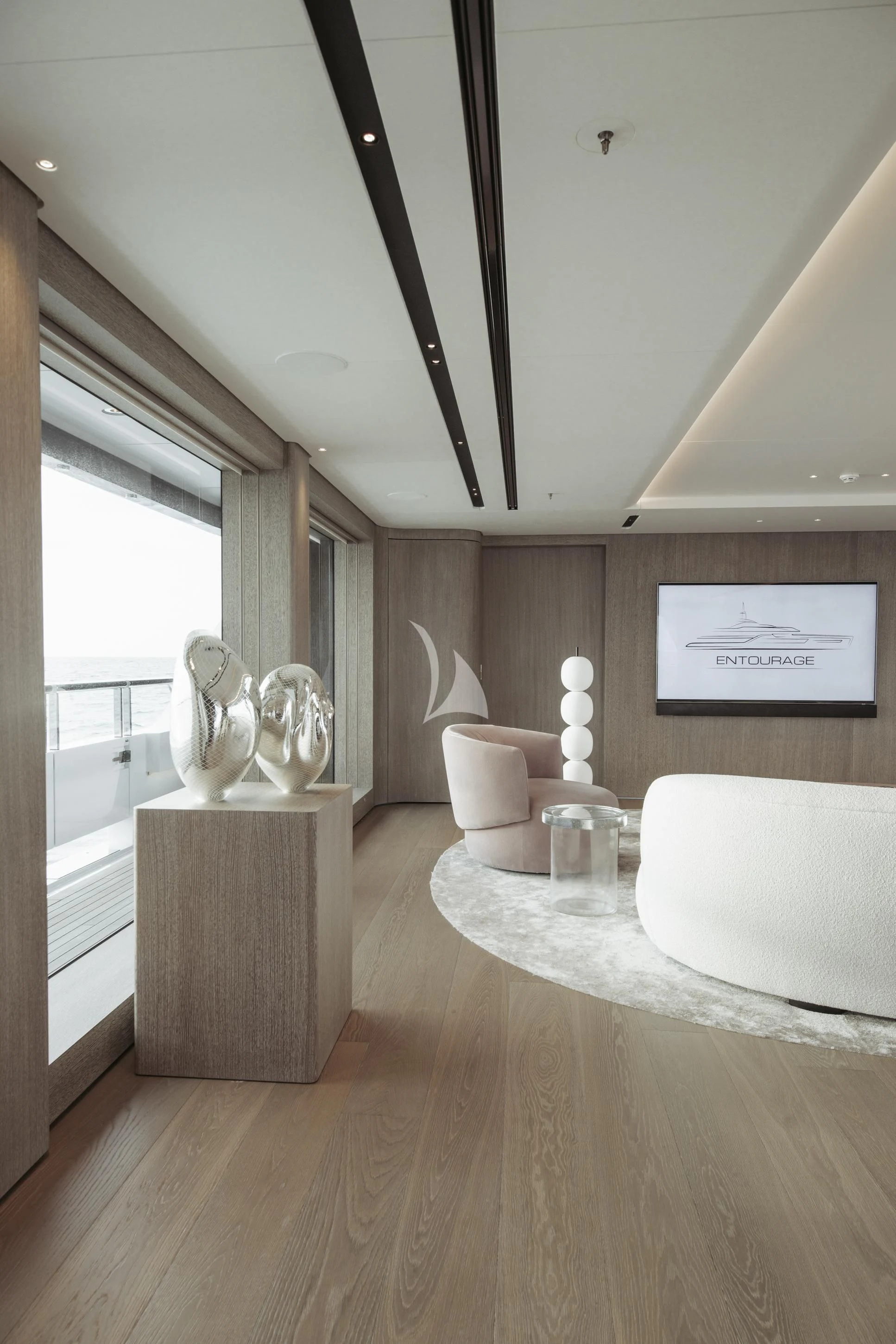 a large white bathroom with a large white tub and a large mirror aboard ENTOURAGE Yacht for Sale
