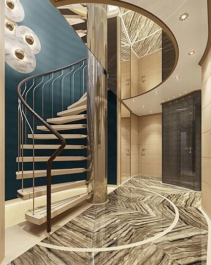 a staircase with a railing aboard ENTOURAGE Yacht for Sale