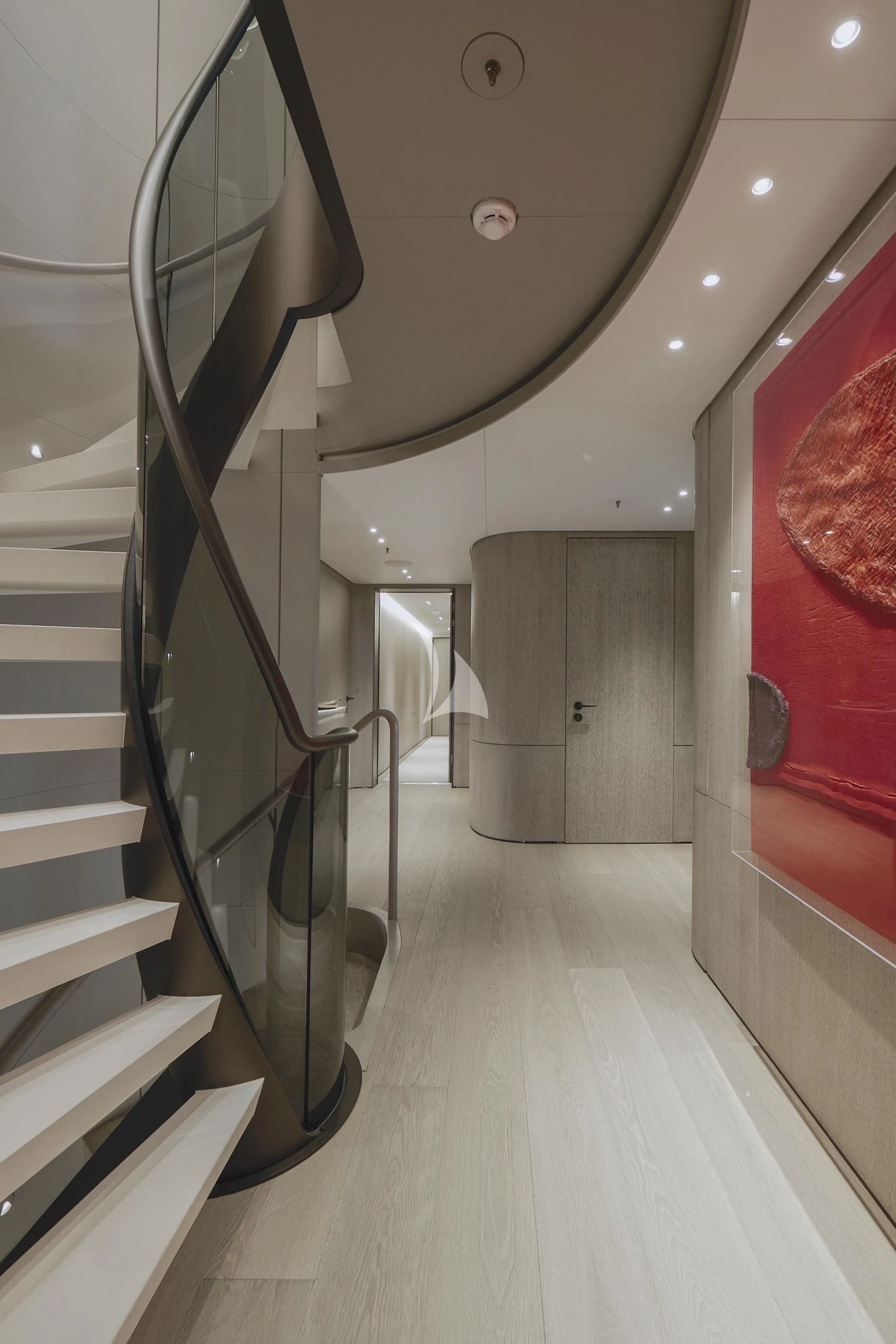 a staircase with a metal railing aboard ENTOURAGE Yacht for Sale