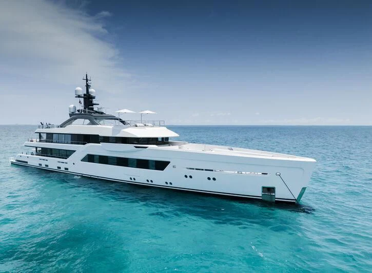 a white yacht in the water aboard ENTOURAGE Yacht for Sale