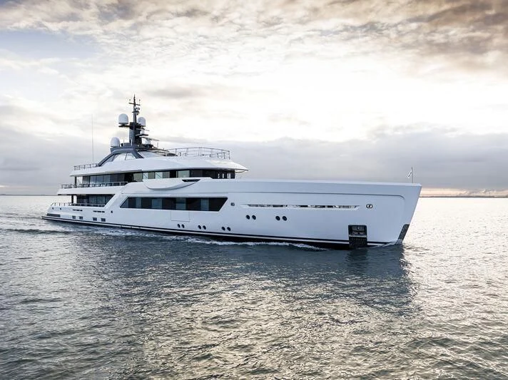 a white boat in the water aboard ENTOURAGE Yacht for Sale