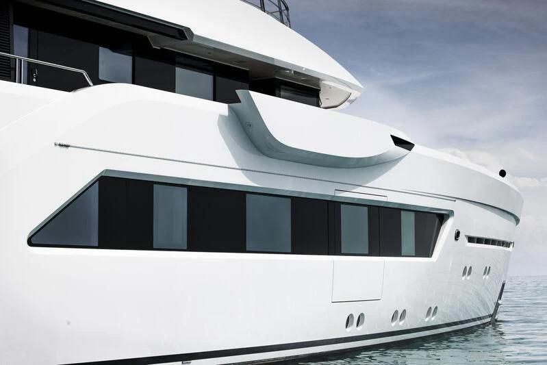 a white yacht in the water aboard ENTOURAGE Yacht for Sale