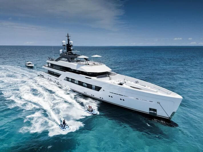a large white ship with a pilot aboard ENTOURAGE Yacht for Sale