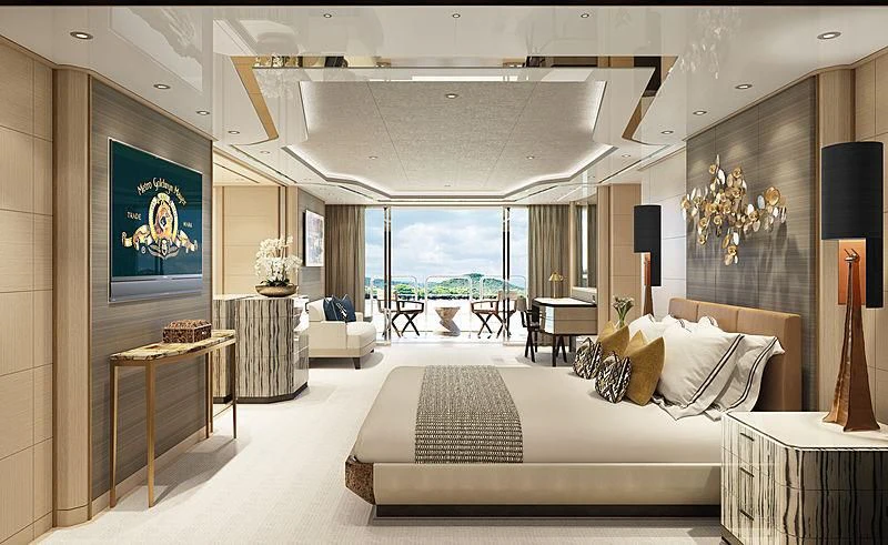 a room with a bed and a large window aboard ENTOURAGE Yacht for Sale