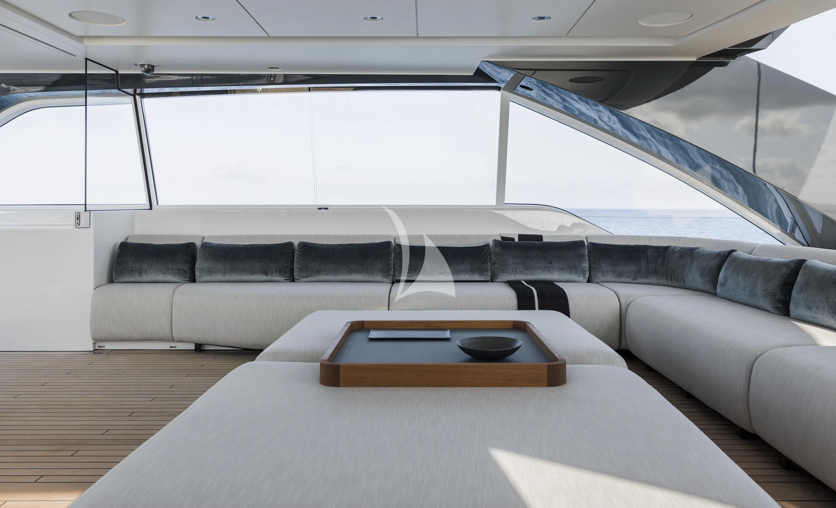 a couch in a room aboard ENTOURAGE Yacht for Sale