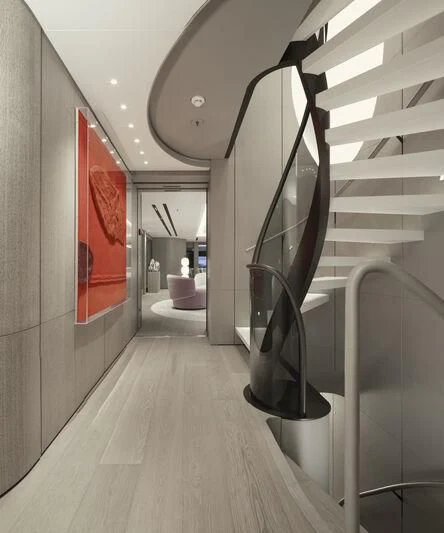 a hallway with a large mirror aboard ENTOURAGE Yacht for Sale