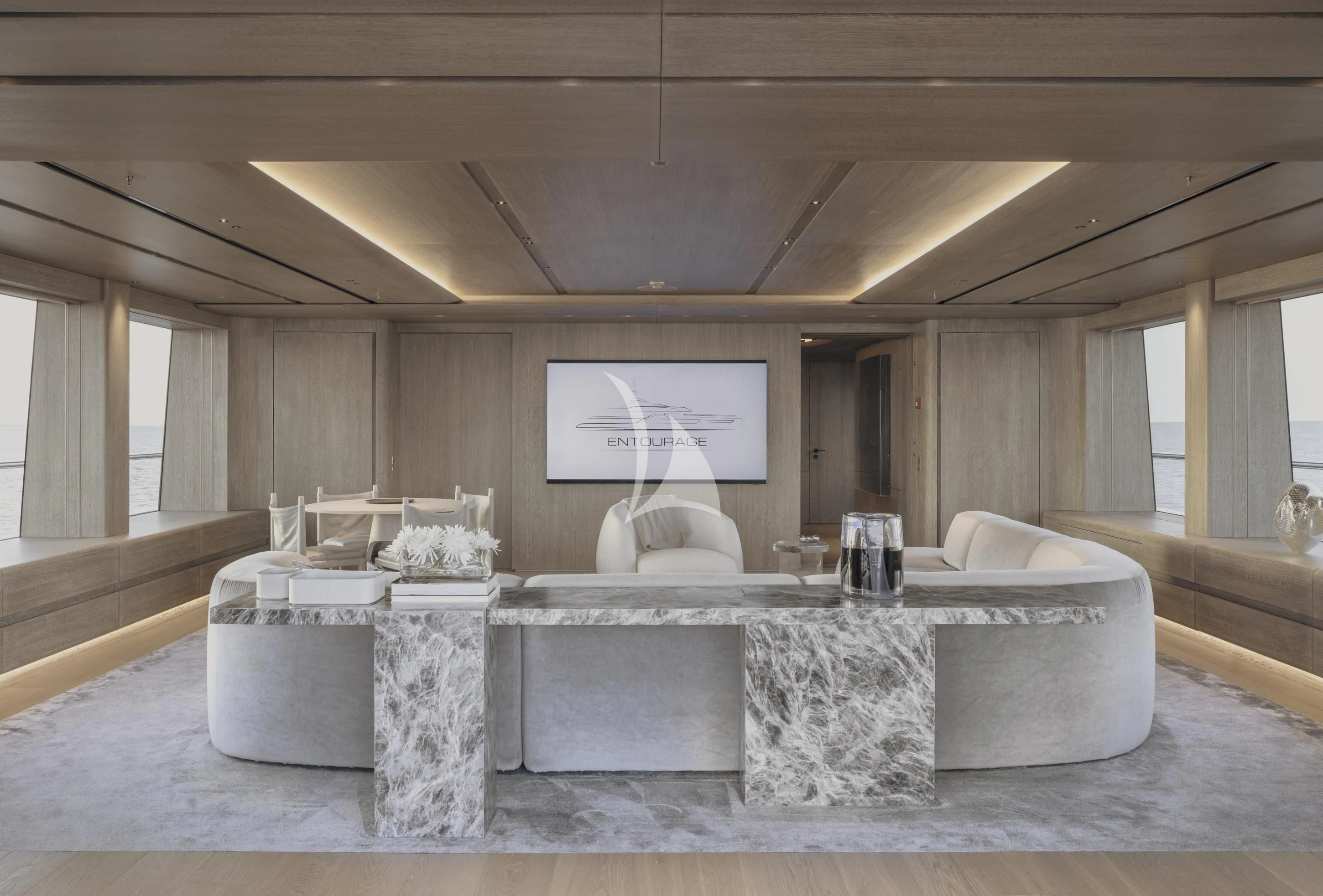 a large room with a large screen aboard ENTOURAGE Yacht for Sale