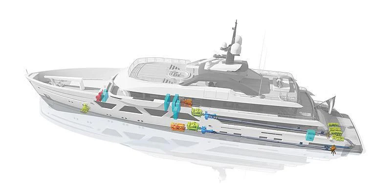a white boat with a blue roof aboard ENTOURAGE Yacht for Sale