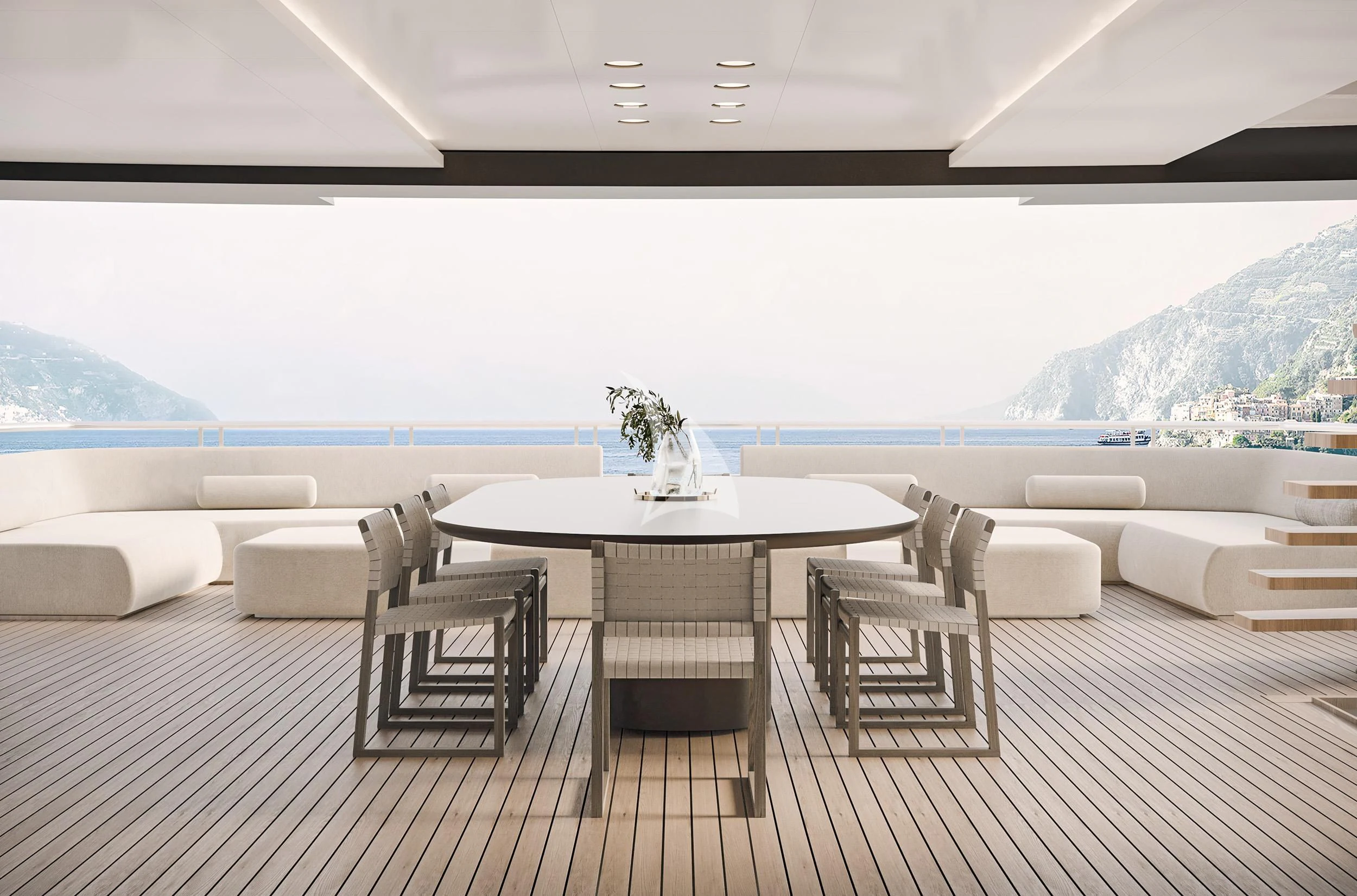 a room with a table and chairs aboard ENTOURAGE Yacht for Sale
