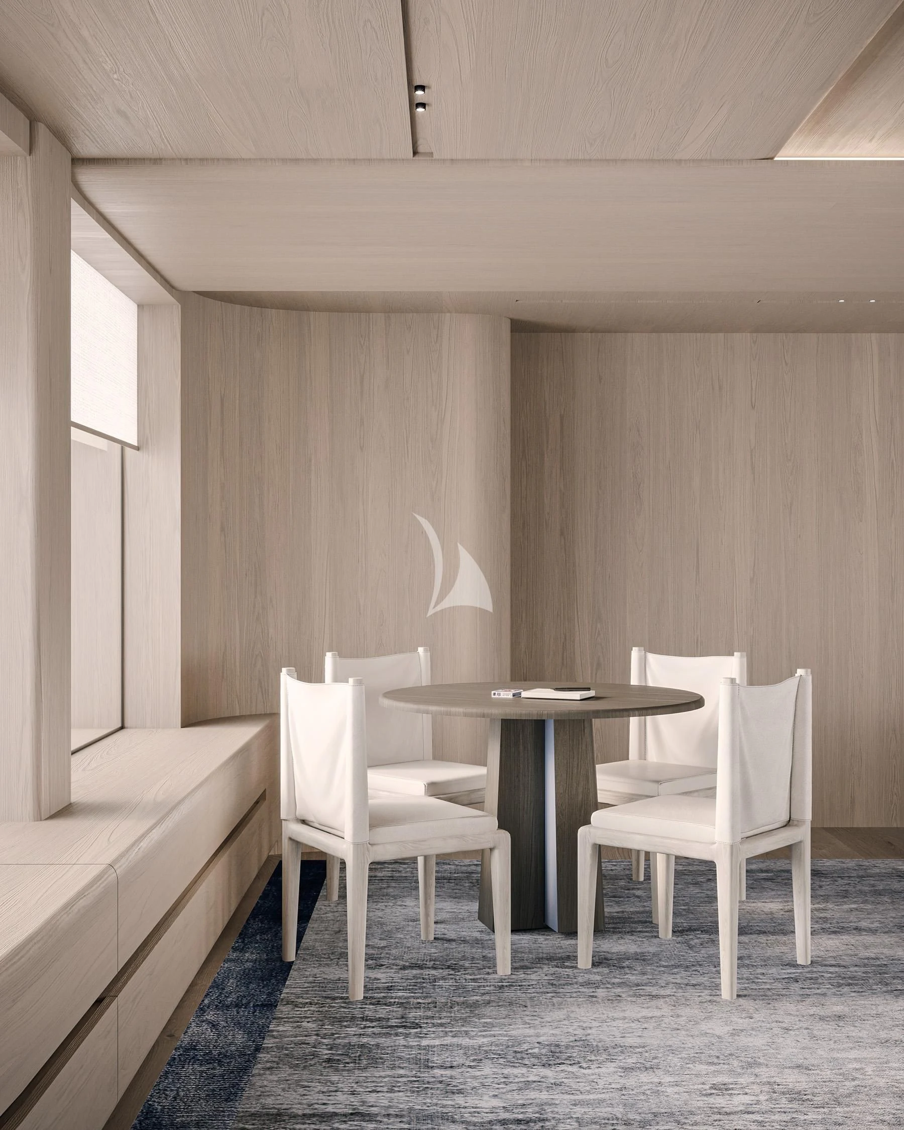 a room with a table and chairs aboard ENTOURAGE Yacht for Sale