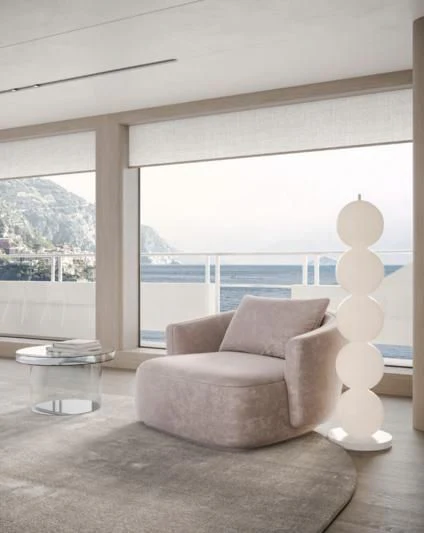 a living room with a large window aboard ENTOURAGE Yacht for Sale