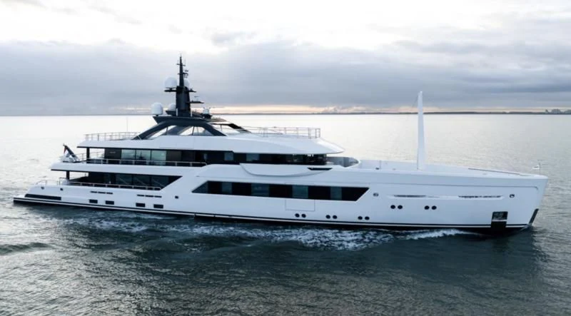 a white yacht in the water aboard ENTOURAGE Yacht for Sale