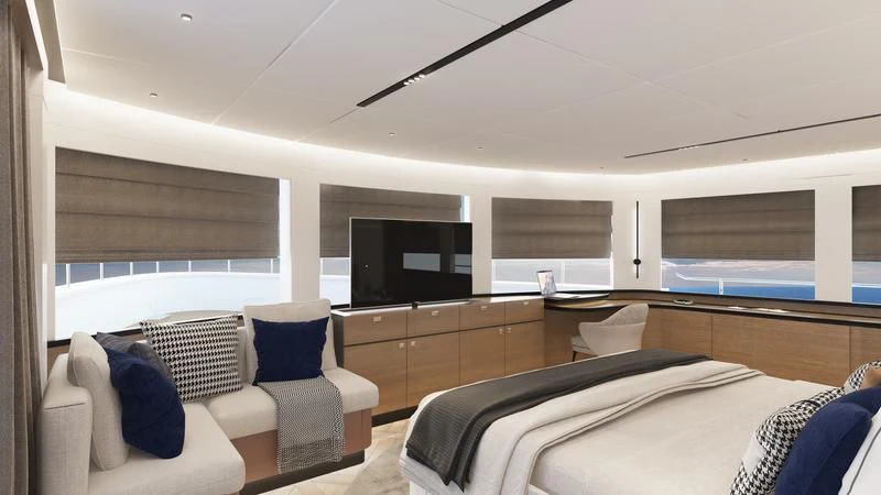 a room with a bed and a tv aboard DESTINATION ONE Yacht for Sale