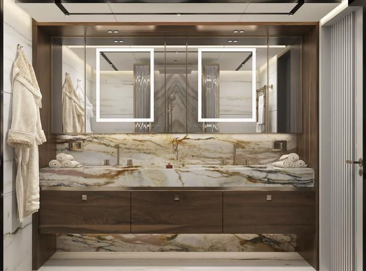 a bed with a mirror aboard DESTINATION ONE Yacht for Sale
