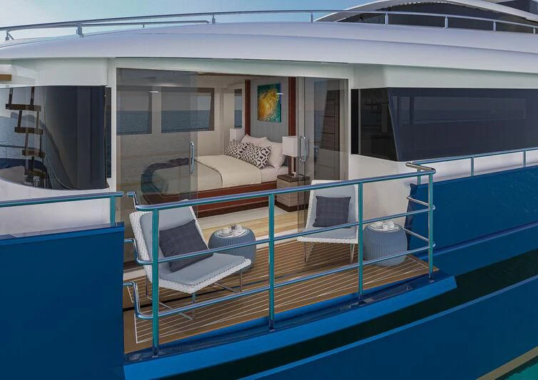 a room with a bed and a chair aboard DESTINATION ONE Yacht for Sale