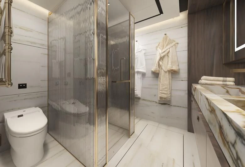a bathroom with a standup shower aboard DESTINATION ONE Yacht for Sale