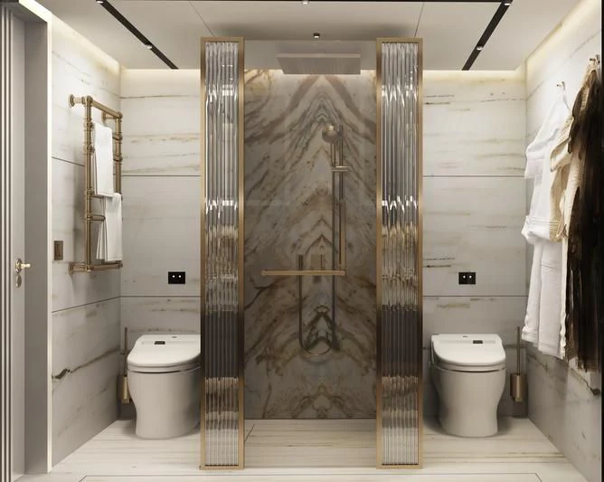 a bathroom with a standup shower aboard DESTINATION ONE Yacht for Sale