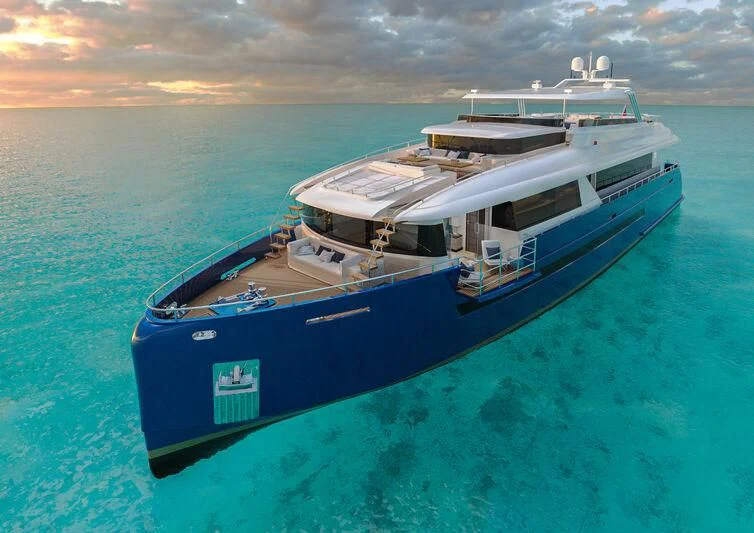 a boat in the water aboard DESTINATION ONE Yacht for Sale