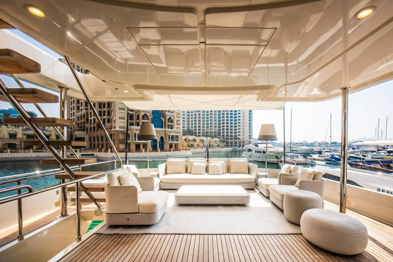 a room with a large glass window and a view of the water aboard ZEN Yacht for Sale