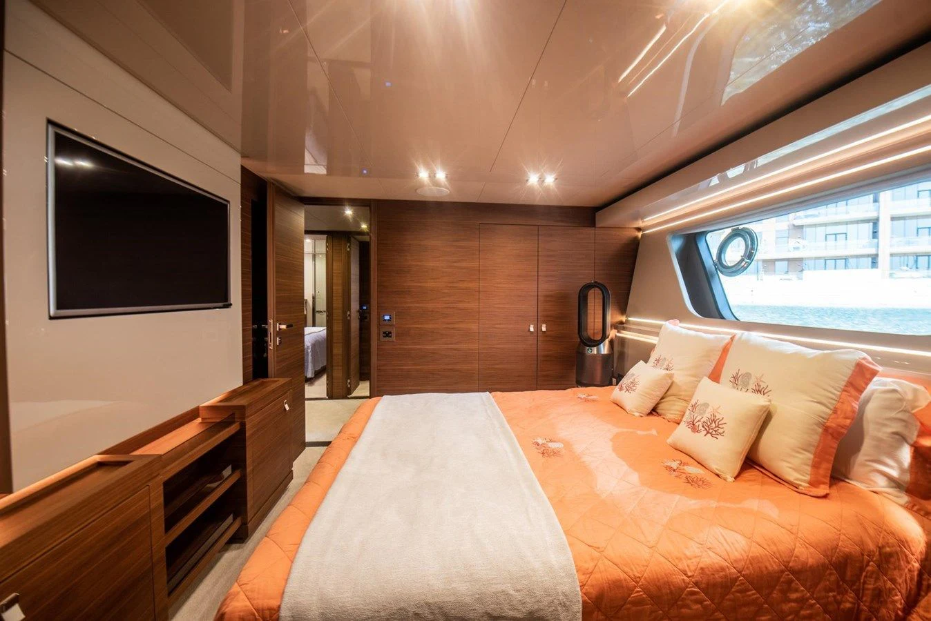 a bed in a room aboard ZEN Yacht for Sale