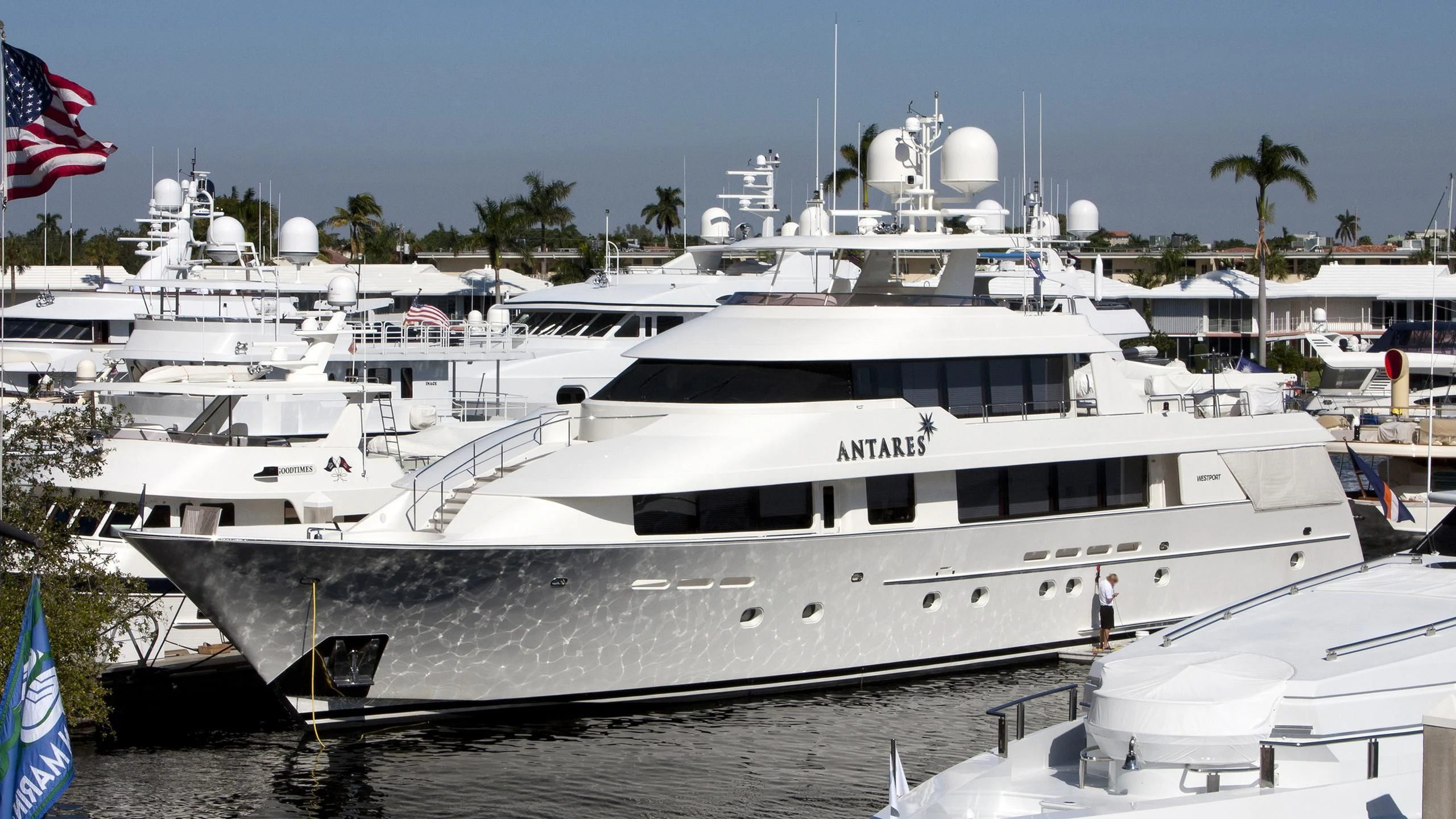 a boat docked at a pier aboard ANTARES Yacht for Sale