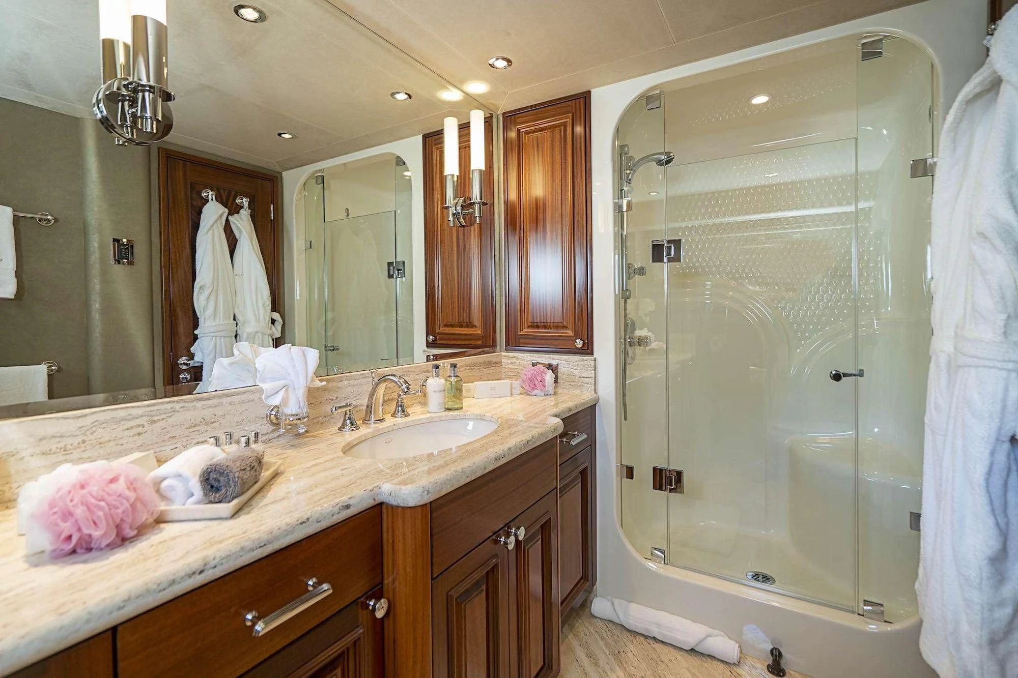 a bathroom with a large shower aboard ANTARES Yacht for Sale