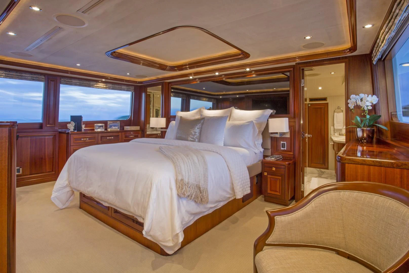 a large bed in a room aboard ANTARES Yacht for Sale