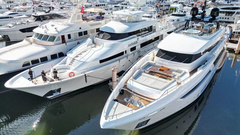 a group of boats in a harbor aboard ANTARES Yacht for Sale