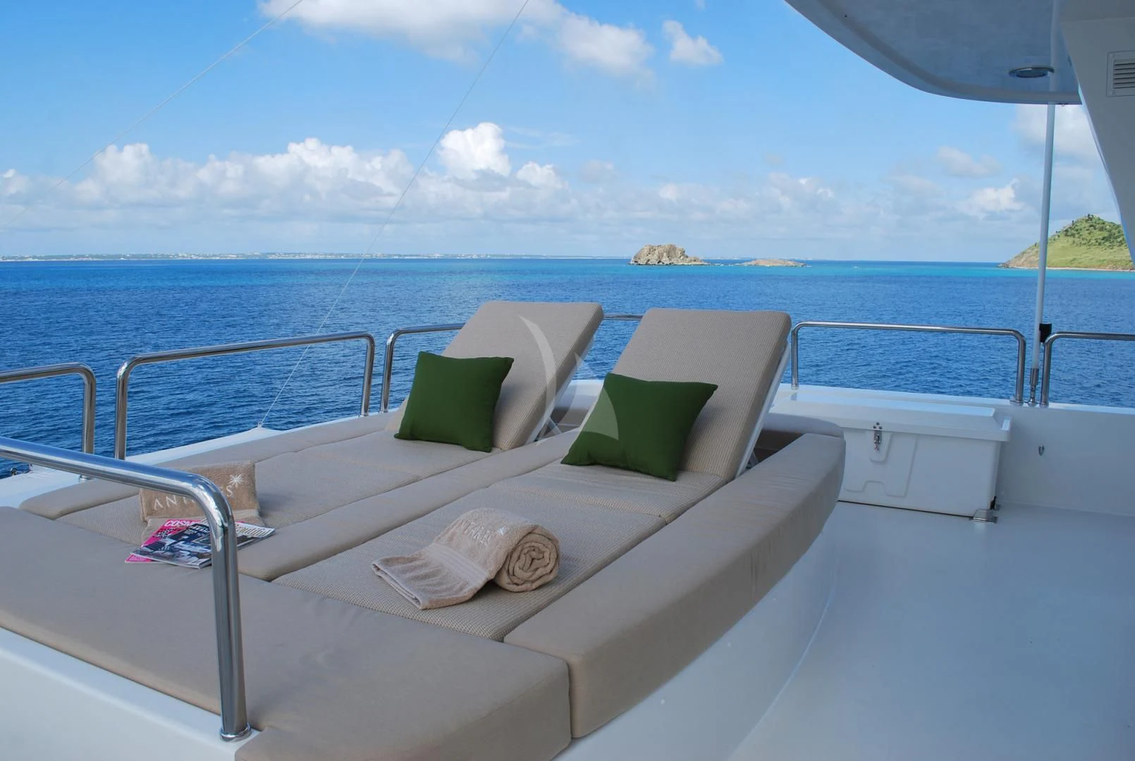 a bed on a boat aboard ANTARES Yacht for Sale