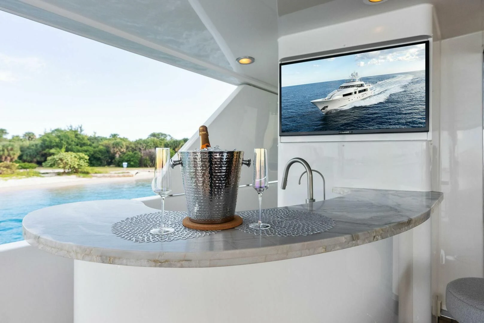 a bathroom with a large window aboard ANTARES Yacht for Sale
