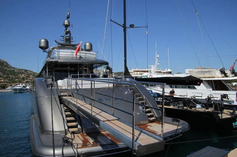 a boat docked at a pier aboard TENSHI Yacht for Sale