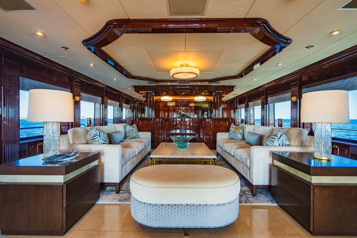 a living room with a large ceiling aboard LADY ELAINE Yacht for Charter