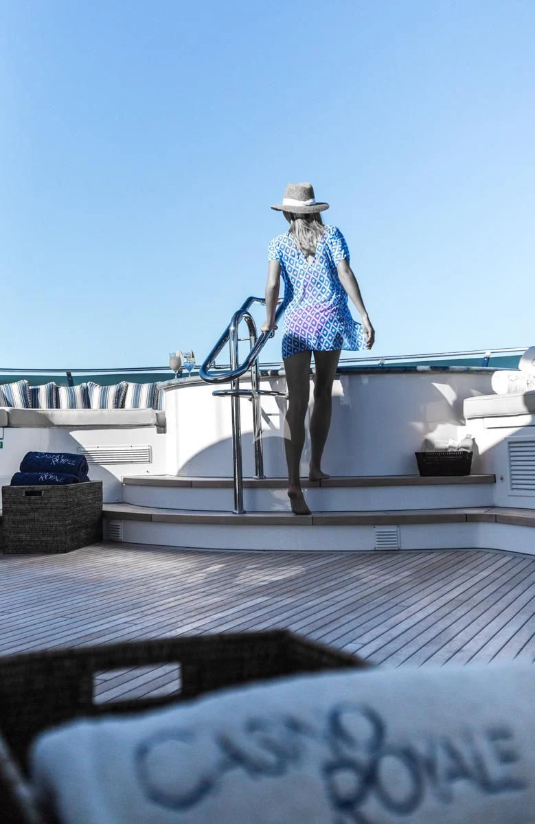 a person walking up a flight of stairs aboard LADY ELAINE Yacht for Charter