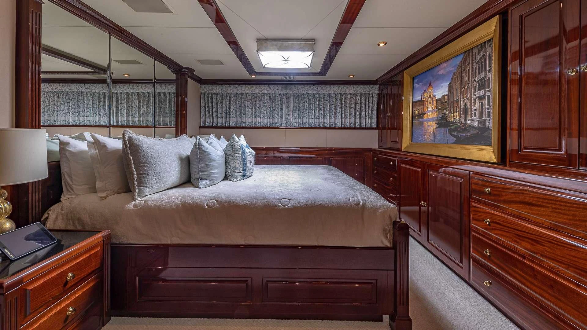 a bed in a room aboard LADY ELAINE Yacht for Charter