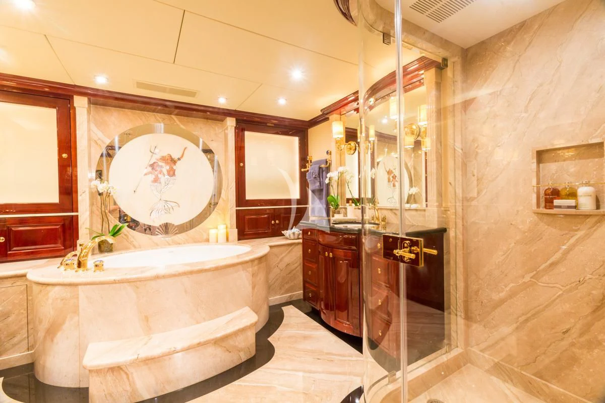 a bathroom with a large bathtub aboard LADY ELAINE Yacht for Charter