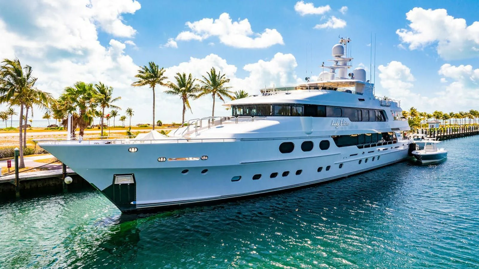 a large white boat aboard LADY ELAINE Yacht for Charter
