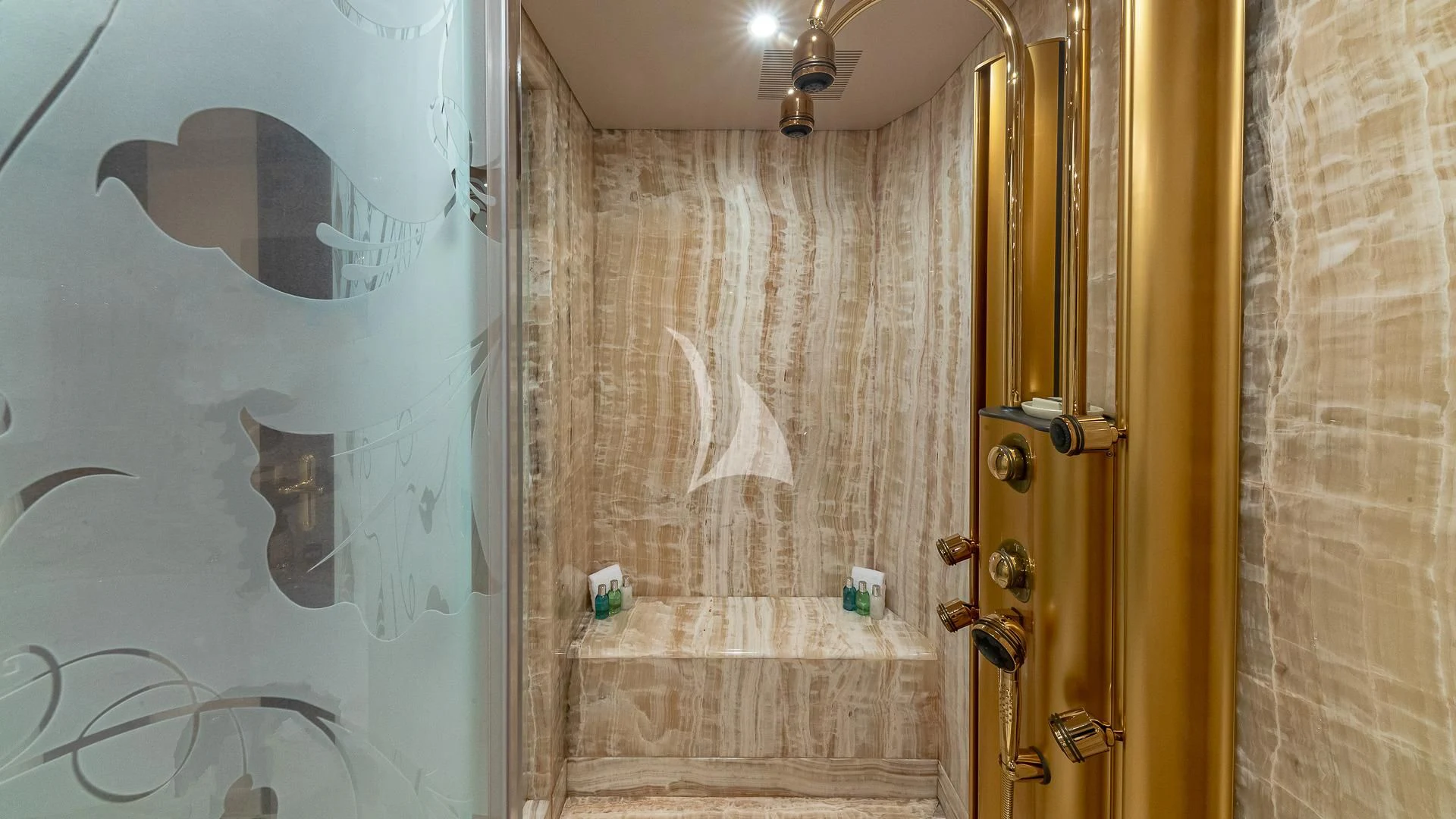 a door with a painting on it aboard LADY ELAINE Yacht for Charter