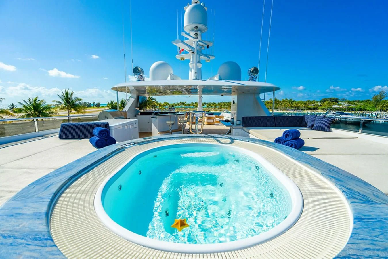 a large white water fountain aboard LADY ELAINE Yacht for Charter