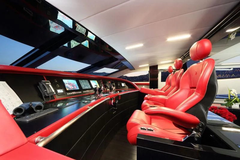 a red car with a large screen aboard PRIMERO Yacht for Sale