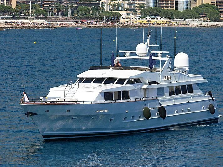 a large white boat in the water aboard JAVA Yacht for Sale