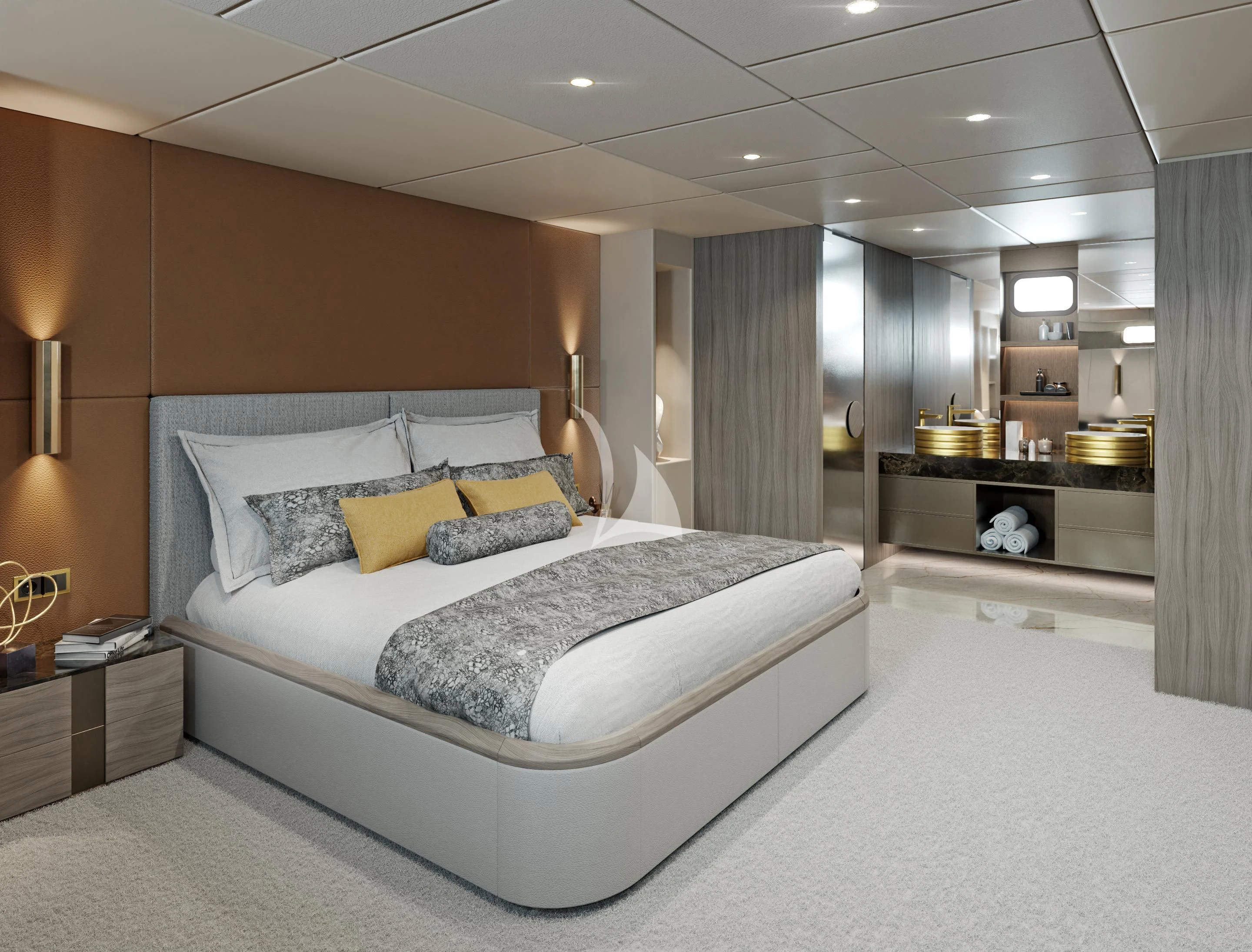 a large bed in a hotel room aboard NOCTURNO Yacht for Sale