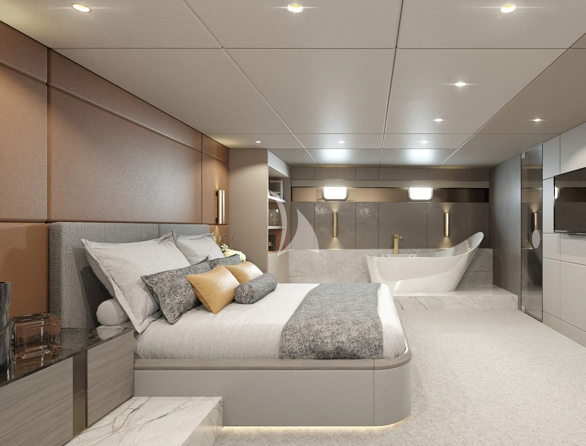 a room with a bed and a lamp aboard NOCTURNO Yacht for Sale