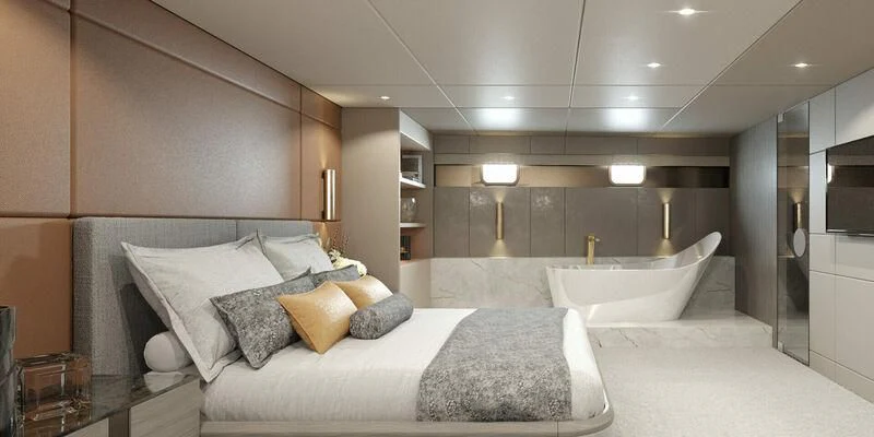 a room with a bed and a mirror aboard NOCTURNO Yacht for Sale