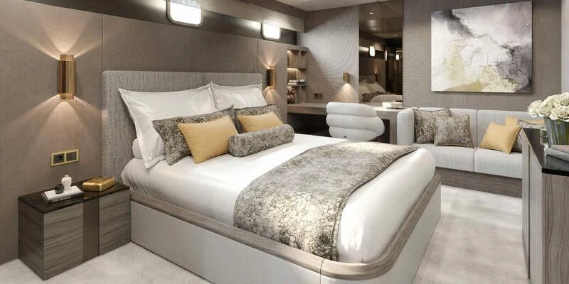 a large bed in a room aboard NOCTURNO Yacht for Sale