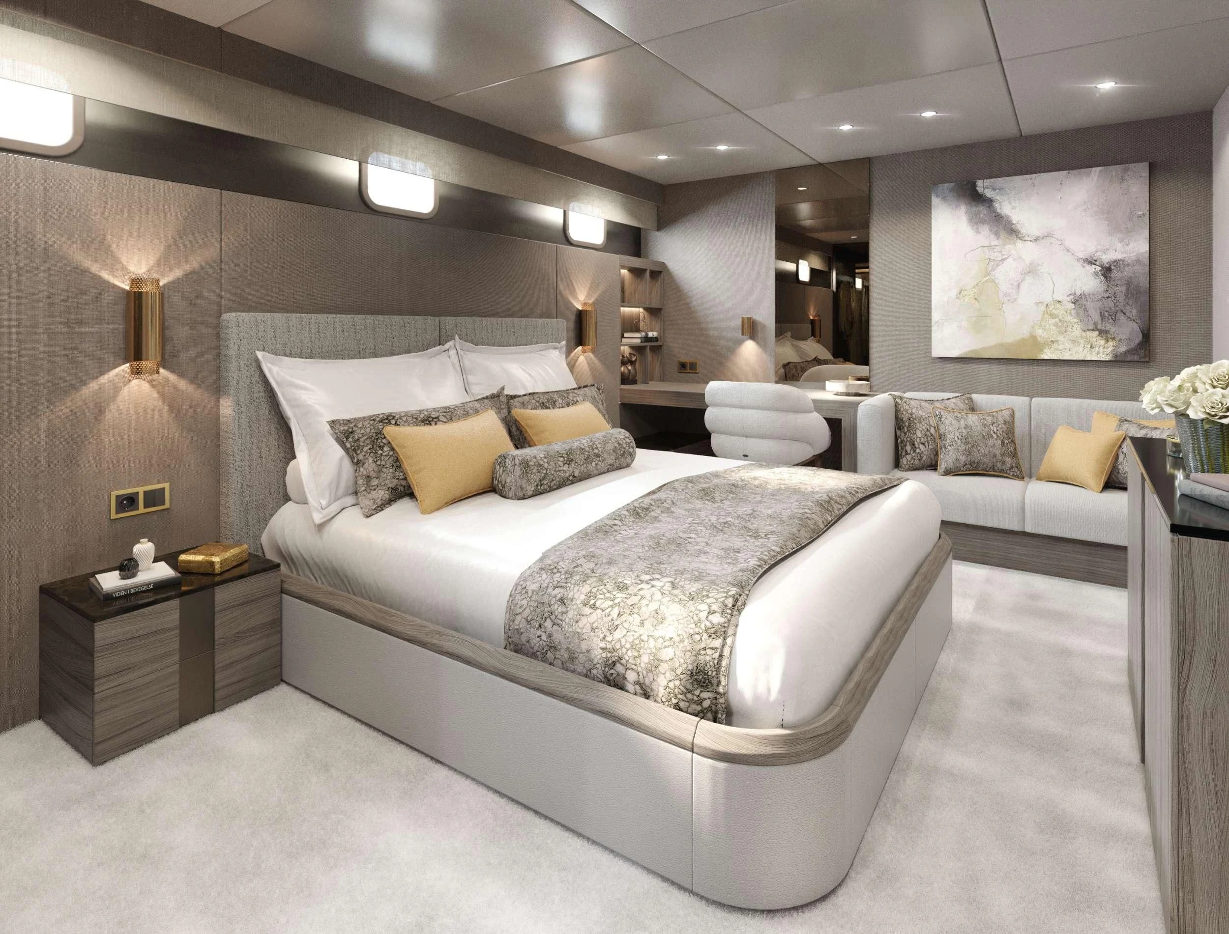 a large bed in a room aboard NOCTURNO Yacht for Sale