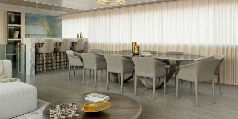 a large room with tables and chairs aboard NOCTURNO Yacht for Sale