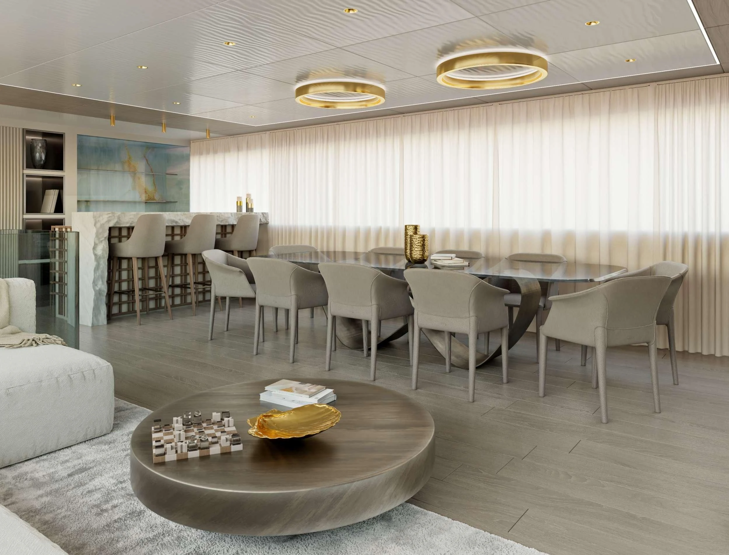 a large room with tables and chairs aboard NOCTURNO Yacht for Sale
